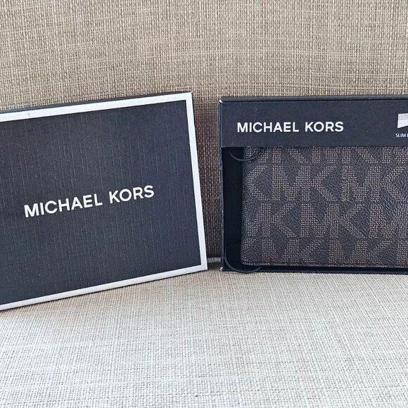 Michael Kors Wallet Brown MK Signature Billfold Cardholder Bifold Purse Box $98 - Picture 1 of 11